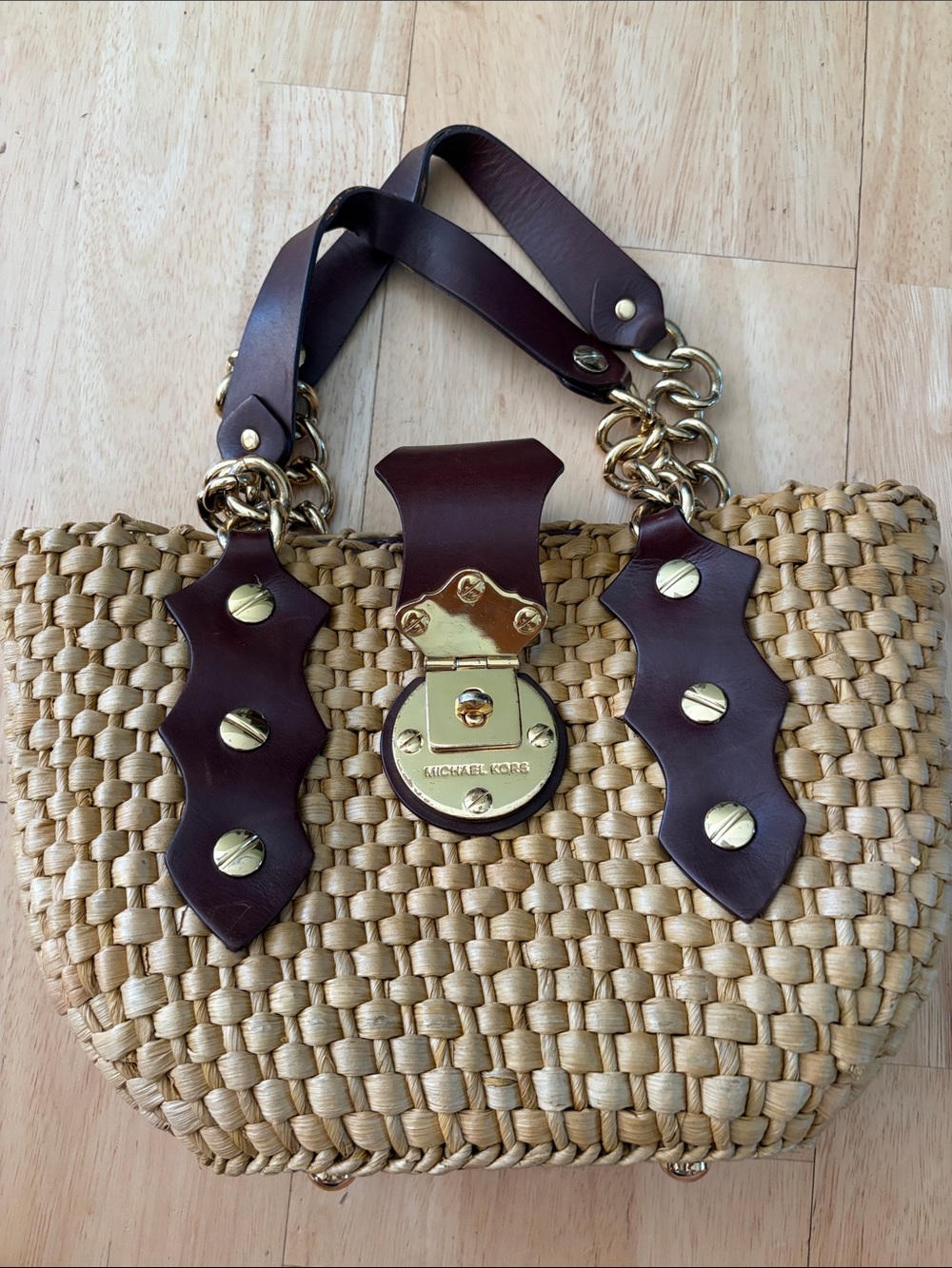 Michael Kors Woven Straw Tote with Brown Leather and Gold Hardware